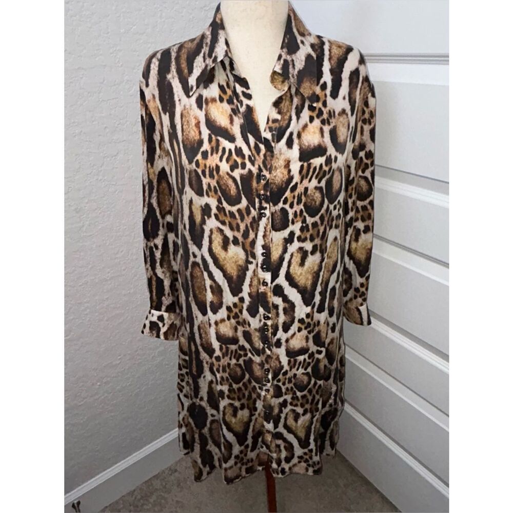 LITA MORTARI Animal Print Button Front Silk Shirt Tunic Blouse Dress